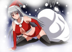 Rule 34 | 1girl, alternate costume, breasts, cleavage, detached sleeves, hat, heart, heart-shaped pupils, huge breasts, in container, long hair, lyrical nanoha, mahou shoujo lyrical nanoha, mahou shoujo lyrical nanoha a&#039;s, midriff, red eyes, reinforce, sack, santa costume, santa hat, silver hair, solo, struggling, symbol-shaped pupils, text focus, thighhighs, zerosu (take out)
