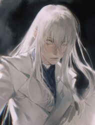 Rule 34 | 1boy, androgynous, black background, blue neckerchief, chinese commentary, closed mouth, copyright request, hair between eyes, highres, jacket, kny yy, long hair, looking at viewer, male focus, neckerchief, upper body, white hair, white jacket