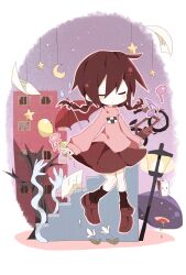 Rule 34 | 1girl, aida (aidia), apartment, bicycle, black socks, border, brown hair, closed eyes, closed mouth, crescent moon, disembodied hand, expressionless, floating, flower, highres, lamppost, loafers, long sleeves, madotsuki, medium hair, moon, musical note, oyster pail, pink shirt, purple background, red skirt, red umbrella, shirt, shoes, short twintails, skirt, socks, solo, stairs, star (sky), star (symbol), takeout container, twintails, umbrella, water drop, white border, white flower, window, yume nikki