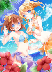 Rule 34 | 10s, 2girls, :d, ayase eli, beach, bikini, blonde hair, blue eyes, blush, bow, breasts, brown hair, cloud, day, flower, hair bow, hibiscus, jewelry, kosaka honoka, looking at viewer, lots of jewelry, love live!, love live! school idol festival, love live! school idol project, medium breasts, mogu (au1127), multiple girls, navel, ocean, open mouth, outdoors, ponytail, sarong, short hair, side ponytail, smile, swimsuit, water