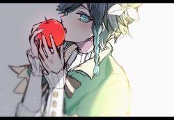 Rule 34 | 1boy, androgynous, apple, black hair, blue hair, blurry, bow, braid, cape, chiroron, collared cape, collared shirt, eating, flower, food, frilled sleeves, frills, fruit, genshin impact, gradient hair, green eyes, green hat, hat, hat flower, highres, holding, holding food, holding fruit, leaf, long sleeves, male focus, multicolored hair, open mouth, shirt, short hair with long locks, simple background, solo, twin braids, venti (genshin impact), white background, white flower, white shirt