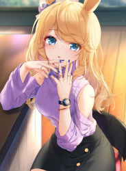 Rule 34 | 1girl, animal ears, black skirt, blonde hair, blue bow, blue eyes, blue nails, blurry, blurry background, bow, breasts, closed mouth, clothing cutout, depth of field, ear bow, gold city (umamusume), highres, horse ears, indoors, light smile, long hair, long sleeves, looking at viewer, nail polish, on chair, purple sweater, red lips, ribbed sweater, rukinya (nyanko mogumogu), shoulder cutout, sitting, skirt, small breasts, solo, sweater, turtleneck, turtleneck sweater, umamusume, very long hair, watch, wristwatch