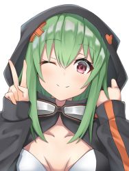 Rule 34 | 1girl, ;), bikini, black bikini, black jacket, blush, breasts, cleavage, collarbone, commentary request, digimon, digimon world re:digitize, goggles, goggles around neck, green hair, hair between eyes, hair ornament, hands up, head tilt, highres, hood, hood up, hooded jacket, jacket, large breasts, long sleeves, looking at viewer, menmen (menmen13s), one eye closed, partially unzipped, print jacket, purple eyes, shinomiya rina, short hair, short hair with long locks, sidelocks, simple background, smile, solo, swimsuit, two-tone bikini, upper body, v, white background, white bikini, x hair ornament