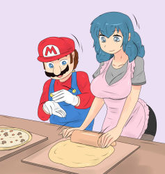 Rule 34 | 1boy, 1girl, apron, blue eyes, blue hair, breasts, brown hair, byleth (female) (fire emblem), byleth (fire emblem), cleavage, facial hair, fire emblem, fire emblem: three houses, food, gloves, grin, hat, long hair, mario, mario (series), mustache, nintendo, overalls, pantyhose, pizza, smile, standing, super mario bros. 1, super smash bros., thighhighs, tikoriko