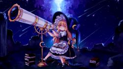 Rule 34 | 1girl, ankle socks, apron, blonde hair, book, book on lap, book stack, braid, character name, crescent, crescent hair ornament, grass, hair ornament, hair ribbon, hat, hat ribbon, highres, kirisame marisa, long hair, looking afar, mary janes, meteor shower, nebula, night, one eye closed, open book, outdoors, puffy short sleeves, puffy sleeves, ribbon, ruins, shoes, shooting star, short sleeves, single braid, sitting, skirt, skirt set, sky, socks, solo, star (sky), starry sky, telescope, tis (shan0x0shan), touhou, tress ribbon, waist apron, witch hat, wrist cuffs, yellow eyes