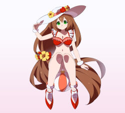 Rule 34 | adjusting clothes, adjusting headwear, ball, beachball, bikini, bikini top only, bottomless, breasts, brown hair, collarbone, commentary request, flower, full body, green eyes, hair flower, hair ornament, hat, highres, iris (mega man), joints, kaidou zx, long hair, medium breasts, mega man (series), mega man x (series), mega man x dive, navel, no pussy, red bikini, robot girl, simple background, sun hat, swimsuit, variant set, very long hair, white background
