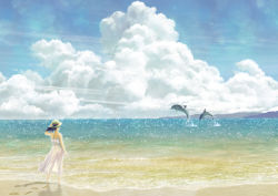 Rule 34 | 1girl, beach, cloud, cloudy sky, day, dolphin, dress, hat, kun52, lens flare, ocean, original, outdoors, scenery, see-through, short hair, sky, standing, sun hat, white dress