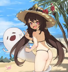 Rule 34 | 1girl, absurdres, ass, beach, bikini, black bikini, blue sky, brown hair, crab, cup, day, drinking straw, fang, flower, from behind, genshin impact, ghost, ghost tail, hat, highres, holding, holding cup, hu tao (genshin impact), kkusak (kkusag ks), looking at viewer, looking back, micro bikini, open mouth, palm tree, red eyes, red flower, sky, smile, star-shaped pupils, star (symbol), straw hat, string bikini, swimsuit, symbol-shaped pupils, thong, thong bikini, tree, twintails, v