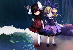 Rule 34 | 2girls, alternate color, amo (shibu3), animal ears, blonde hair, blue eyes, bow, brown hair, rabbit ears, child, dress, elbow gloves, female focus, full body, gloves, hair bow, hair ribbon, highres, inaba tewi, loafers, mary janes, medicine melancholy, multiple girls, open mouth, pantyhose, player 2, purple dress, red eyes, ribbon, shoes, short hair, socks, stuffed animal, stuffed rabbit, stuffed toy, su-san, touhou, white legwear, wings