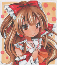 Rule 34 | 1girl, ascot, bare shoulders, between fingers, bow, breasts, brown eyes, brown hair, closed mouth, detached sleeves, frilled bow, frilled hair tubes, frilled shirt collar, frills, hair bow, hair tubes, hakurei reimu, holding, long hair, looking at viewer, maccha xxxxxx, marker (medium), medium breasts, orange ascot, red bow, red ribbon, red shirt, ribbon, shirt, simple background, sleeve ribbon, sleeveless, sleeveless shirt, solo, touhou, traditional media, upper body, yellow background