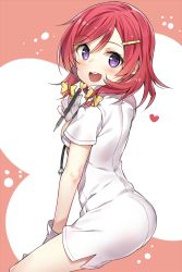 Rule 34 | 10s, 1girl, :d, alternate hairstyle, blush, bow, from side, gloves, hair bow, hair ornament, hairclip, heart, looking at viewer, love live!, love live! school idol project, mechanical pencil, nishikino maki, nurse, open mouth, pencil, purple eyes, red hair, sitting, smile, solo, stethoscope, white gloves, yuran