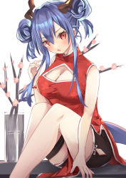 Rule 34 | 1girl, :o, arknights, black shorts, blue hair, blush, bracelet, breasts, ch&#039;en (ageless afterglow) (arknights), ch&#039;en (arknights), cleavage, cleavage cutout, clothing cutout, commentary request, double bun, dragon girl, dragon horns, dragon tail, dress, feet out of frame, hair bun, highres, horns, jewelry, knees up, long hair, looking at viewer, medium breasts, official alternate costume, open mouth, pelvic curtain, red dress, red eyes, short shorts, shorts, sidelocks, simple background, sitting, sleeveless, sleeveless dress, solo, tail, tail through clothes, thigh strap, tsuyuki yuki, v-shaped eyebrows, vase, white background