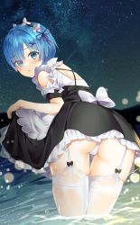 Rule 34 | 1girl, artist name, ass, bent over, blue eyes, blue hair, blush, cameltoe, clothes lift, commission, detached sleeves, from behind, garter belt, garter straps, hair ornament, hair over one eye, hair ribbon, highres, lifting own clothes, looking at viewer, looking back, maid, maid headdress, mole, mole on thigh, night, night sky, open mouth, outdoors, panties, pantyshot, partially submerged, pixiv commission, poho, purple ribbon, re:zero kara hajimeru isekai seikatsu, red ribbon, rem (re:zero), ribbon, scenery, shooting star, short hair, skirt, skirt lift, sky, solo, star (sky), starry sky, thighhighs, underwear, wet, wet clothes, white panties, white thighhighs, x hair ornament