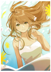 Rule 34 | 1girl, air bubble, blurry, blurry foreground, brown hair, bubble, closed mouth, dress, floating hair, highres, kawai makoto, looking at viewer, original, smile, solo, underwater, upper body, white dress, yellow eyes