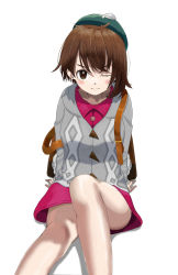 Rule 34 | 1girl, arm support, backpack, bag, blush, bob cut, brown bag, brown eyes, brown hair, buttons, cable knit, cardigan, closed mouth, collared dress, commentary, creatures (company), dress, eyelashes, game freak, gloria (pokemon), green hat, grey cardigan, hat, highres, hooded cardigan, kun (user tmwh7453), looking at viewer, nintendo, one eye closed, pink dress, pokemon, pokemon swsh, short hair, sitting, solo, tam o&#039; shanter