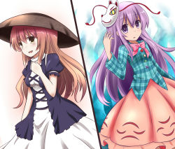 Rule 34 | 2girls, brown hair, expressionless, fox mask, gradient hair, hachimi, hat, hata no kokoro, highres, hijiri byakuren, long hair, mask, multicolored hair, multiple girls, plaid, plaid shirt, purple eyes, purple hair, rice hat, shirt, skirt, split screen, touhou, yellow eyes