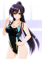Rule 34 | 1girl, black hair, black one-piece swimsuit, breasts, cleavage, commentary request, company connection, competition swimsuit, cowboy shot, engo (aquawatery), idolmaster, idolmaster shiny colors, large breasts, long hair, looking at viewer, one-piece swimsuit, ponytail, shirase sakuya, solo, standing, swimsuit, white background, yellow eyes