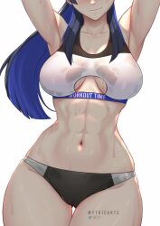 Rule 34 | 1girl, abs, alternate costume, armpits, arms up, artist name, black buruma, blue hair, blush, breasts, buruma, cameltoe, clothing cutout, collarbone, colored inner hair, commentary, cowboy shot, curvy, english commentary, gluteal fold, hololive, hololive english, large breasts, light smile, long hair, multicolored hair, muscular, muscular female, myth1carts, ouro kronii, patreon logo, pixiv logo, simple background, solo, sports bra, stomach, sweat, thigh gap, thighs, toned, twitter logo, two-tone hair, virtual youtuber, white background, white sports bra, wide hips