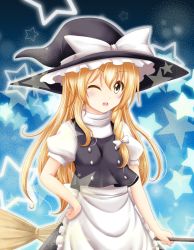 Rule 34 | 1girl, blonde hair, blush, bow, broom, hand on own hip, hat, hat bow, kirisame marisa, one eye closed, open mouth, reimei (r758120518), solo, star (symbol), touhou, witch hat, yellow eyes