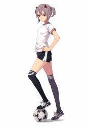 Rule 34 | 1girl, ball, black socks, black thighhighs, breasts, fkey, full body, grey hair, gym shorts, hand on own hip, highres, horns, kneehighs, original, over-kneehighs, purple hair, red eyes, shoes, short hair, shorts, simple background, small breasts, sneakers, soccer ball, soccer uniform, socks, solo, sportswear, thighhighs, twintails, white background