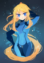 Rule 34 | 1girl, artist name, blue background, blue bodysuit, blue eyes, blue gloves, bodysuit, breasts, commission, covered navel, dated, gloves, gradient background, grey background, hand up, long hair, metroid, nintendo, parted lips, ponytail, projecttiger, samus aran, simple background, small breasts, solo, standing, star (symbol), thigh gap, very long hair, zero suit