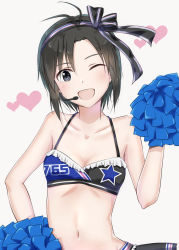Rule 34 | 1girl, ;d, antenna hair, bikini, bikini top only, black eyes, black hair, breasts, cheerleader, cleavage, collarbone, frilled bikini, frilled bikini top, frills, hairband, heart, highres, idolmaster, idolmaster (classic), kikuchi makoto, looking at viewer, microphone, mogskg, navel, one eye closed, open mouth, pom pom (cheerleading), print bikini, print bikini top, short hair, simple background, small breasts, smile, solo, standing, star (symbol), star print, stomach, striped clothes, striped hairband, swimsuit, upper body, white background