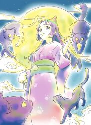 Rule 34 | 1girl, absurdres, animal ears, cat, cat ears, cloud, commentary request, full moon, highres, japanese clothes, kimono, long hair, moon, night, night sky, original, paw pose, pink mousse, purple eyes, purple hair, purple kimono, sky, smile, star (sky)