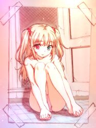 Rule 34 | 1girl, bare legs, bare shoulders, barefoot, blonde hair, blue eyes, boku wa tomodachi ga sukunai, commentary request, feet, full body, hair ornament, hair scrunchie, hands on own feet, hasegawa kobato, heterochromia, highres, holding own foot, light particles, long hair, looking at viewer, panties, parted lips, pink panties, red eyes, scrunchie, shiny skin, sitting, solo, topless, two side up, underwear, underwear only, watanabe yoshihiro