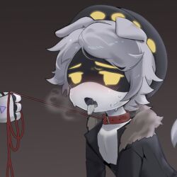Rule 34 | 1boy, animal ears, black headwear, black jacket, blush, breath, brown background, collar, collarbone, colored skin, disembodied hand, dog boy, dog ears, dog tail, fang, fur-trimmed jacket, fur collar, fur trim, gradient background, grey hair, half-closed eyes, hat, holding, holding leash, humanoid robot, jacket, joints, leash, male focus, murder drones, n (murder drones), nose blush, open mouth, parted bangs, pet play, robot, robot joints, saliva, short hair, sidelocks, simple background, skin fang, solo focus, sweat, tail, tongue, tongue out, white skin, yellow eyes, yuii (yuika9200)