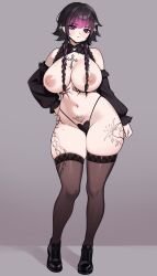 1girl adramallih bare_shoulders black_hair black_panties black_shoes black_shrug black_sleeves breasts brown_pantyhose contrapposto cross_tattoo curvy detached_sleeves gradient_hair hair_ornament hairclip hand_on_own_hip heart heart_panties heart_print heart_tattoo highleg highleg_panties highres hip_tattoo huge_breasts long_sleeves looking_at_viewer mole mole_on_breast mole_on_shoulder mole_on_thigh multicolored_hair navel nipples no_bra original panties pantyhose print_panties pubic_tattoo purple_eyes purple_hair quad_braids shoes shrug_(clothing) skindentation solo stomach stomach_tattoo string_panties tattoo thick_thighs thighs underwear wolf_cut