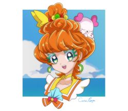 Rule 34 | 1girl, :d, anime coloring, blue eyes, character name, choker, colored eyelashes, creature, cure papaya, earrings, eyelashes, food-themed earrings, hair ornament, heart, heart in eye, highres, ichinose minori, impossible hair, jewelry, kururun (precure), looking at viewer, magical girl, mismatched eyelashes, multicolored eyes, open mouth, orange hair, portrait, precure, seal (animal), short hair, sind ngmhn28, smile, symbol in eye, thick eyelashes, tropical-rouge! precure, yellow choker, yellow eyes