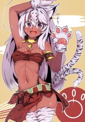 Rule 34 | 1girl, :d, ahoge, animal ear fluff, animal ears, animal hands, arm up, armpits, black panties, breasts, cat ears, cat girl, cat tail, chinese zodiac, dark-skinned female, dark skin, fang, gloves, hair between eyes, hand up, high-waist panties, highres, jewelry, long hair, looking at viewer, medium breasts, multiple tails, navel, necklace, ocha no mae, open mouth, original, panties, paw gloves, purple eyes, simple background, skin fang, smile, solo, tail, tail raised, thighhighs, tiger stripes, underwear, white hair, white tiger print, year of the tiger