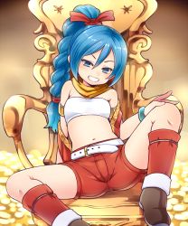 Rule 34 | 1girl, armlet, bare shoulders, belt, braid, braided ponytail, chair, dragon quest, dragon quest xi, female focus, gradient background, hair between eyes, hair ribbon, head tilt, maya (dq11), midriff, nao (necomugi), naughty face, navel, ponytail, red ribbon, red shorts, reflection, ribbon, short shorts, shorts, single braid, sitting, solo, spread legs, strapless, teeth, tube top