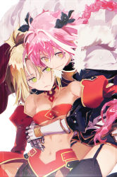 Rule 34 | 1boy, 1girl, astolfo (fate), bare shoulders, belt bra, black ribbon, blonde hair, braid, breasts, cape, closed mouth, commentary request, cowboy shot, detached sleeves, fang, fate/apocrypha, fate/grand order, fate (series), fur trim, garter straps, gauntlets, green eyes, hair between eyes, hair ribbon, hug, hug from behind, juliet sleeves, long hair, long sleeves, looking at viewer, miniskirt, mordred (fate), mordred (fate/apocrypha), navel, parted bangs, pink hair, puffy sleeves, red skirt, ribbon, single braid, sitting, skin fang, skirt, small breasts, smile, thighhighs, toned, white cape, yaku (ziroken), yellow eyes