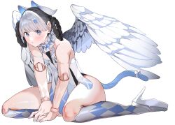 Rule 34 | 1girl, angel wings, animal ears, argyle clothes, argyle socks, bambinata (punishing: gray raven), bare shoulders, black hair, black leotard, blue eyes, blue tail, braid, cat ears, cat tail, doll joints, fake animal ears, fake tail, hair ornament, heart, heart-shaped pupils, heart hair ornament, high heels, highres, joints, leotard, medium hair, multicolored hair, punishing: gray raven, solo, symbol-shaped pupils, tail, twin braids, two-tone hair, white background, white hair, wings, yongsadragon
