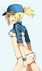 Rule 34 | 1girl, artoria pendragon (fate), ass, bare legs, bikini, blonde hair, breasts, butt crack, cowboy shot, crop top, fate/grand order, fate (series), female focus, hair between eyes, hat, looking at viewer, looking to the side, mysterious heroine x (fate), mysterious heroine xx (fate), open mouth, ponytail, shiny skin, simple background, small breasts, solo, swimsuit, teeth, white bikini