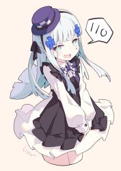 Rule 34 | 1girl, corrupted metadata, dress, facial mark, female focus, girls&#039; frontline, green eyes, hair ornament, hat, highres, hk416 (black kitty&#039;s gift) (girls&#039; frontline), hk416 (girls&#039; frontline), litsvn, lolita fashion, long hair, looking at viewer, open mouth, silver hair, simple background, solo, top hat