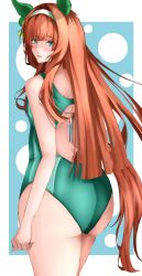 Rule 34 | 1girl, absurdres, animal ears, aqua one-piece swimsuit, ass, bare shoulders, blue background, blue eyes, blush, border, breasts, commentary request, ear covers, from behind, headband, highres, hime cut, horse ears, horse girl, horse tail, long hair, looking at viewer, looking back, one-piece swimsuit, parted lips, polka dot, polka dot background, potechitarou, silence suzuka (umamusume), small breasts, solo, swimsuit, tail, umamusume, white border, white headband