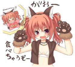 Rule 34 | &gt; &lt;, 1girl, :d, animal ear fluff, animal ears, animal hands, blush, bra, breasts, brown vest, commentary request, crossed bangs, embarrassed, fang, gloves, hair between eyes, hands up, heart, inaba meguru, jewelry, long hair, necklace, official alternate costume, official alternate hairstyle, open clothes, open mouth, open vest, orange hair, paw gloves, red eyes, sanoba witch, simple background, small breasts, smile, solo, sound effects, tatsuya (trypaint), thought bubble, translation request, twintails, underwear, upper body, vest, wavy hair, white background, white bra, wolf ears, yes, yes-no pillow