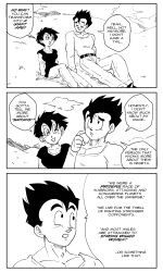 Rule 34 | 1boy, 1girl, 3koma, absurdres, belt, breasts, comic, commentary, dragon ball, dragonball z, english commentary, english text, funsexydb, hair between eyes, highres, hill, medium breasts, monochrome, mountain, pants, short hair, sitting, son gohan, videl