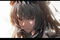 Rule 34 | 1girl, arknights, black eyes, black hair, crown, drive shot, hair between eyes, letterboxed, long hair, looking at viewer, mole, mole under eye, portrait, simple background, solo, v-shaped eyebrows, virtuosa (arknights), white background