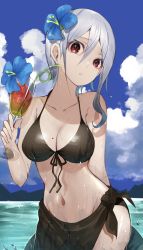 Rule 34 | 1girl, absurdres, bare arms, bare shoulders, bikini, black bikini, blue sky, breasts, cleavage, collarbone, cowboy shot, cup, day, drinking glass, flower, front-tie bikini top, front-tie top, groin, hair between eyes, hair flower, hair ornament, halterneck, halterneck, head tilt, highres, holding, holding cup, large breasts, looking at viewer, medium hair, mole, mole on breast, navel, original, outdoors, parted lips, r (ryo), red eyes, sarong, sky, solo, standing, stomach, string bikini, swimsuit, tropical drink, wet