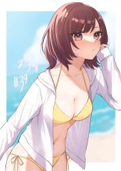 Rule 34 | 1girl, :t, arm up, beach, bikini, blue sky, blurry, blurry background, blush, border, breasts, brown eyes, brown hair, cleavage, closed mouth, cowboy shot, halterneck, highres, jacket, leaning forward, long sleeves, looking at viewer, medium breasts, mitora nao, navel, ocean, open clothes, open jacket, original, outside border, parted bangs, pout, short hair, side-tie bikini bottom, sky, solo, stomach, swimsuit, white border, white jacket, yellow bikini