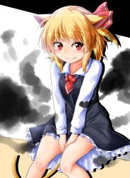 Rule 34 | 1girl, animal ears, ascot, black background, black skirt, black vest, blonde hair, blush, cat ears, cat tail, collarbone, commentary request, darkness, fang, fang out, feet out of frame, hair ribbon, highres, kemonomimi mode, long sleeves, looking at viewer, miniskirt, oshiaki, petticoat, red ascot, red eyes, red ribbon, ribbon, rumia, shirt, short hair, sitting, skirt, smile, solo, tail, thighs, touhou, vest, white background, white shirt