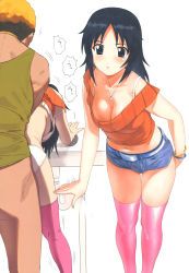Rule 34 | 1boy, 1girl, a1 (initial-g), absurdres, ass, black hair, blue eyes, blush, bra strap, breasts, cleavage, collarbone, denim, denim shorts, feet out of frame, girls und panzer, highres, implied sex, jewelry, large breasts, long hair, looking at viewer, midriff, multiple views, navel, necklace, open mouth, orange sweater, panties, pink thighhighs, shiny skin, short shorts, shorts, simple background, standing, sweater, thighhighs, underwear, white background, yamagou ayumi