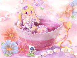 Rule 34 | 1girl, blonde hair, blunt bangs, blush, cup, dress, drink, flower, hair ornament, hair ribbon, in container, in cup, long hair, mini person, minigirl, open mouth, original, partially submerged, purple eyes, ribbon, socks, solo, tea, teabag, teacup, twintails, wrist cuffs