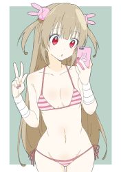 Rule 34 | 1girl, :o, bad id, bad twitter id, bandaged arm, bandages, bikini, blonde hair, breasts, cellphone, collarbone, cowboy shot, donguri suzume, fingernails, gluteal fold, green background, groin, hair ornament, hand up, highres, holding, holding phone, long hair, nail polish, natori sana, navel, parted lips, phone, pink bikini, rabbit hair ornament, red eyes, red nails, sana channel, selfie, side-tie bikini bottom, simple background, small breasts, smartphone, solo, striped bikini, striped clothes, swimsuit, two side up, very long hair, virtual youtuber, w