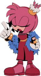 Rule 34 | 1girl, amy rose, animal ears, animal nose, bare shoulders, bob cut, body fur, cake, candle, closed eyes, digimin, dress, ear covers, feather boa, female focus, flat chest, food, food on head, full body, furry, furry female, gloves, hairband, hand on own hip, hand up, index finger raised, long dress, non-web source, object on head, official art, open mouth, pink fur, pink hair, red dress, red footwear, red hairband, sash, shoes, short hair, sidelocks, sideways mouth, simple background, single ear cover, sleeveless, sleeveless dress, solo, sonic (series), standing, the murder of sonic the hedgehog, transparent background, u u, white gloves