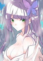 Rule 34 | 1girl, assault lily, bare shoulders, breasts, butterfly hair ornament, cleavage, collared shirt, commentary request, from side, funada kiito, gradient background, green eyes, grey background, hair ornament, houji tea latte, large breasts, light smile, long hair, looking at viewer, looking to the side, off shoulder, parted lips, purple hair, shirt, solo, steam, upper body, wet, white shirt
