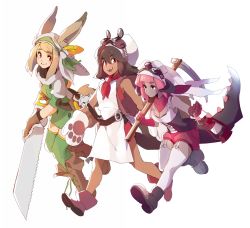 Rule 34 | 3girls, :d, animal ears, animal hands, ankle boots, apron, azuumori, backpack, bag, black footwear, blonde hair, boots, breasts, brown footwear, buttons, cleavage, closed mouth, commentary, dark-skinned female, dark skin, double-breasted, dragon horns, dragon tail, dress, english commentary, fangs, garter straps, gloves, goggles, goggles on headwear, green dress, green legwear, hand saw, hat, head scarf, highres, holding, holding lantern, holding pickaxe, horns, lantern, long hair, looking at viewer, lucha (azuumori), medium hair, mittens, multiple girls, neckerchief, open mouth, original, over shoulder, paw gloves, pelvic curtain, pickaxe, pink eyes, pink gloves, pink hair, pink shorts, rabbit ears, rabbit tail, red dress, red eyes, red neckerchief, saw, short dress, shorts, sidelocks, simple background, smile, tail, thighhighs, vest, walking, white apron, white background, white headwear, wolf ears, wolf tail, yellow eyes
